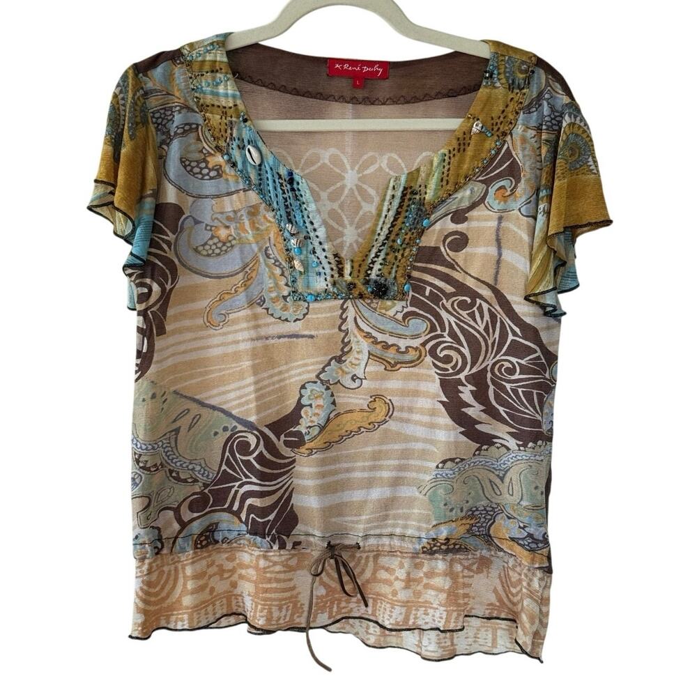 Rene Derhy Y2K French Short Sleeve Beaded Boho Ruffle Sleeve Top - L Fairycore